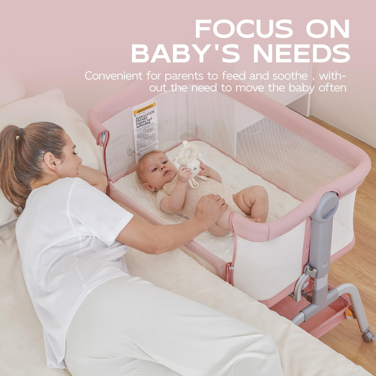 Baby Bassinet Bedside Crib with Mattress & Sheet, 4-Sided Mesh, Pink F69843