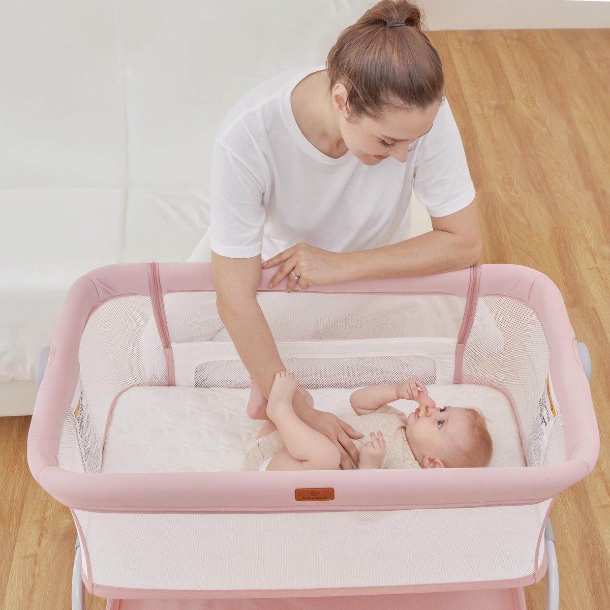 Baby Bassinet Bedside Crib with Mattress & Sheet, 4-Sided Mesh, Pink F69843