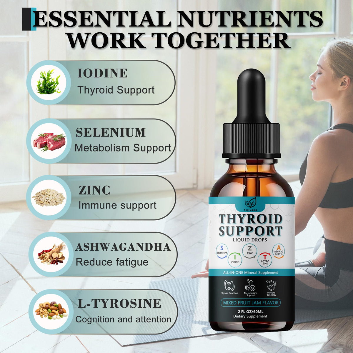 Liquid Thyroid Support Drops with Selenium Zinc Iodine L-Tyrosine Ashwagandha Z168672