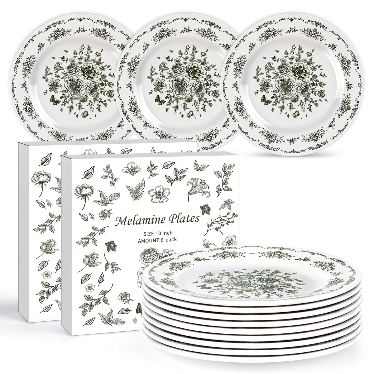 12 Piece 10 inch Green and White Floral Melamine Dinner Plates F3592