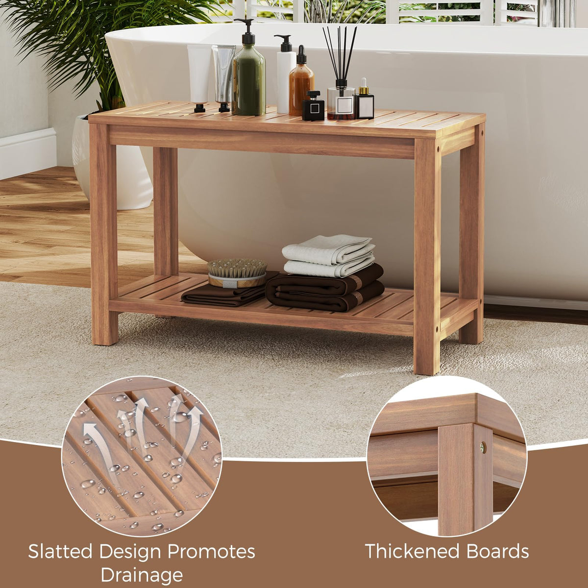 Teak Shower Bench with Shelf R370373