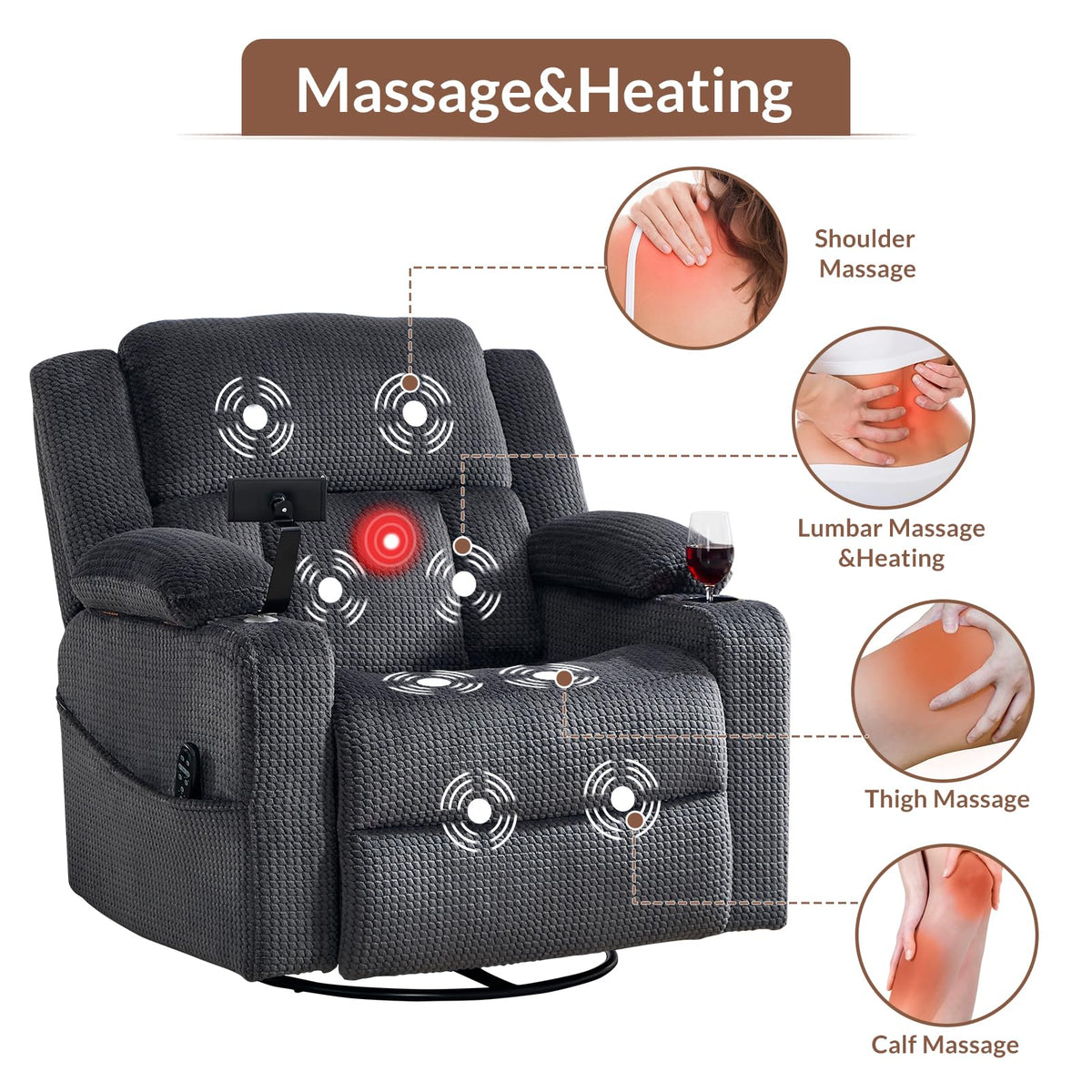 Oversized Power Recliner Chair with Massage and Heat, Grey H4521
