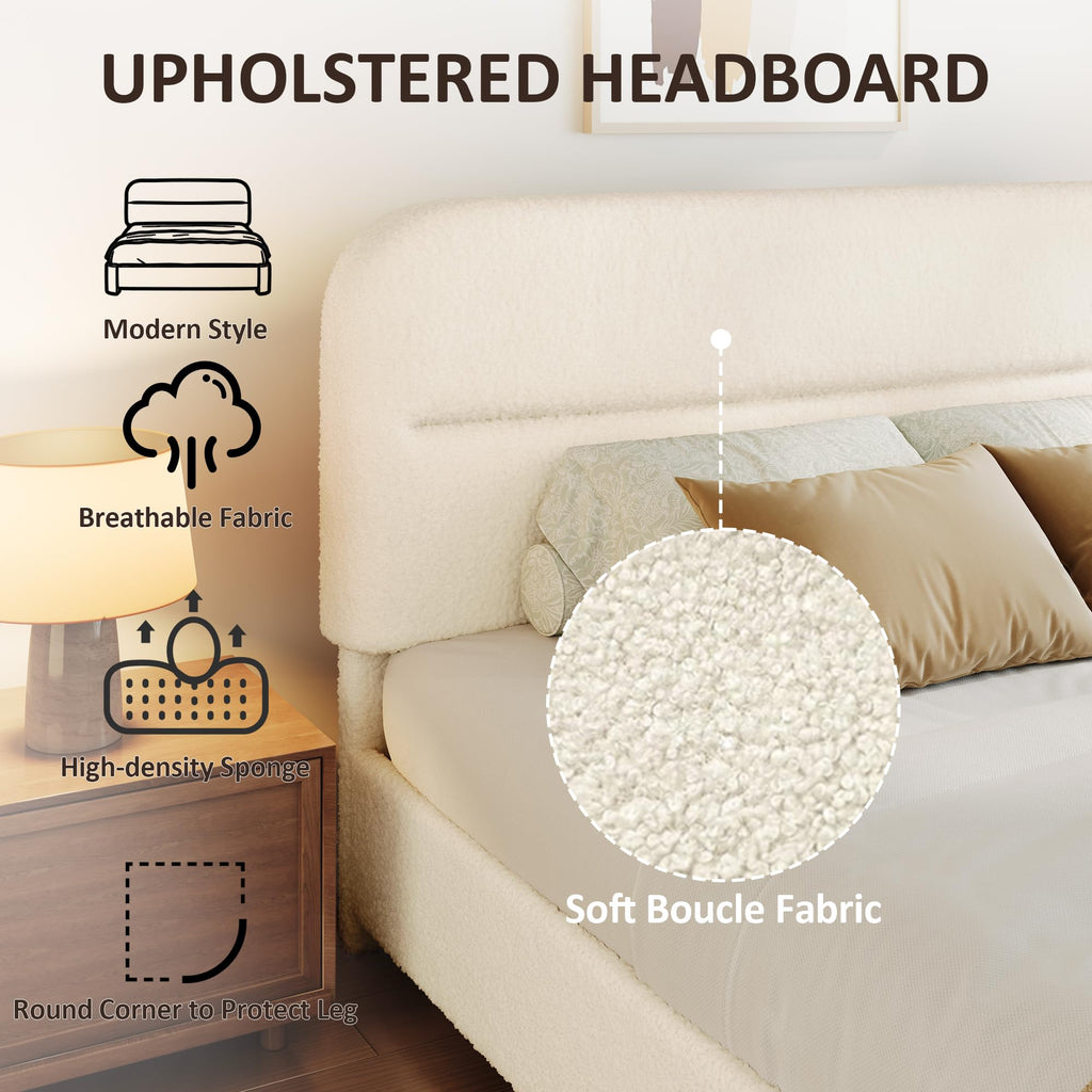 Beige Boucle Upholstered Bed with Headboard S830645