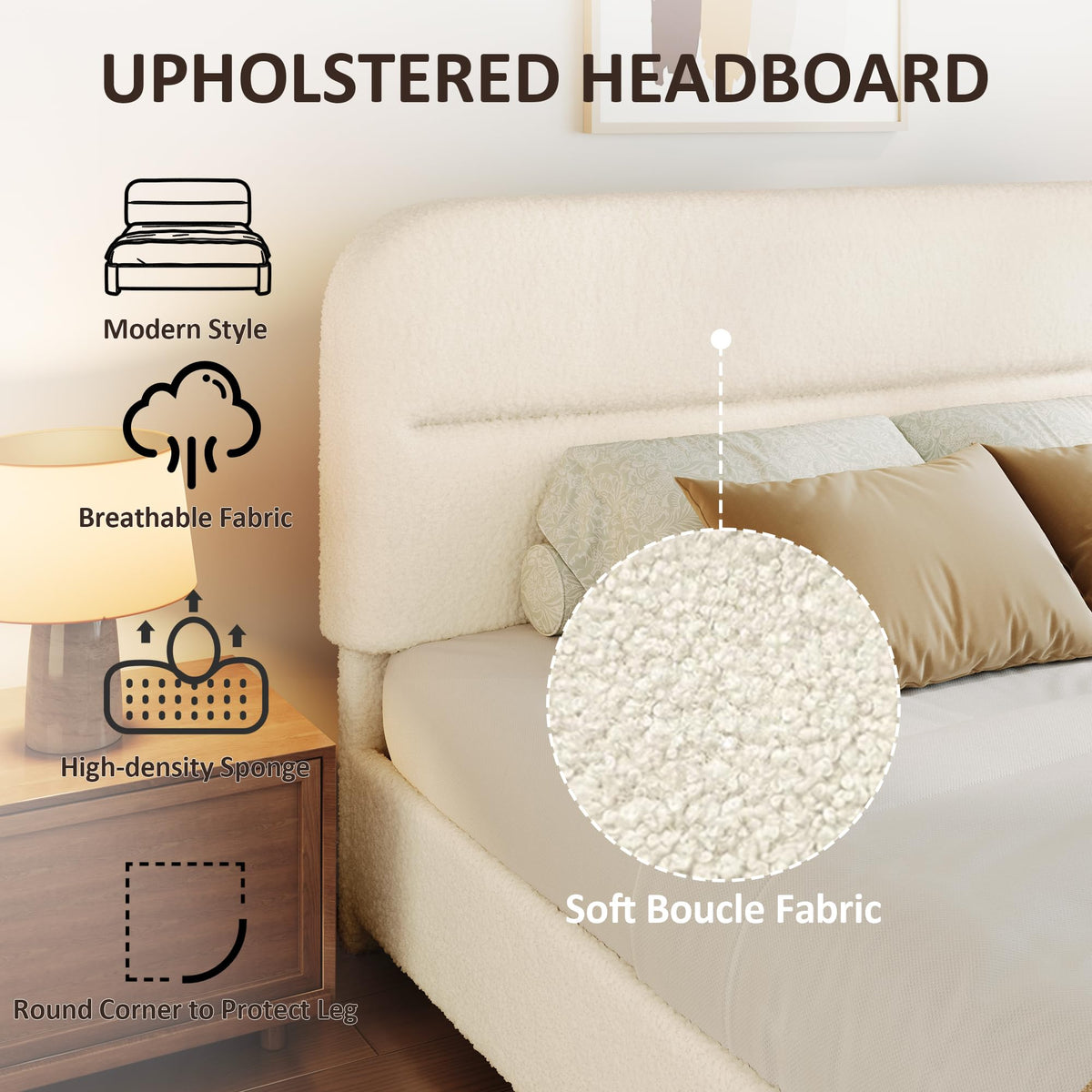 Beige Boucle Upholstered Bed with Headboard S830645