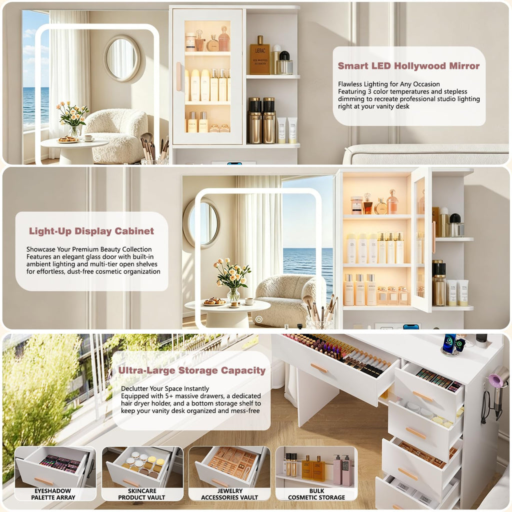 White Vanity Desk with LED Lights Mirror, 5 Drawers, Charging Station & Cushion Stool L810
