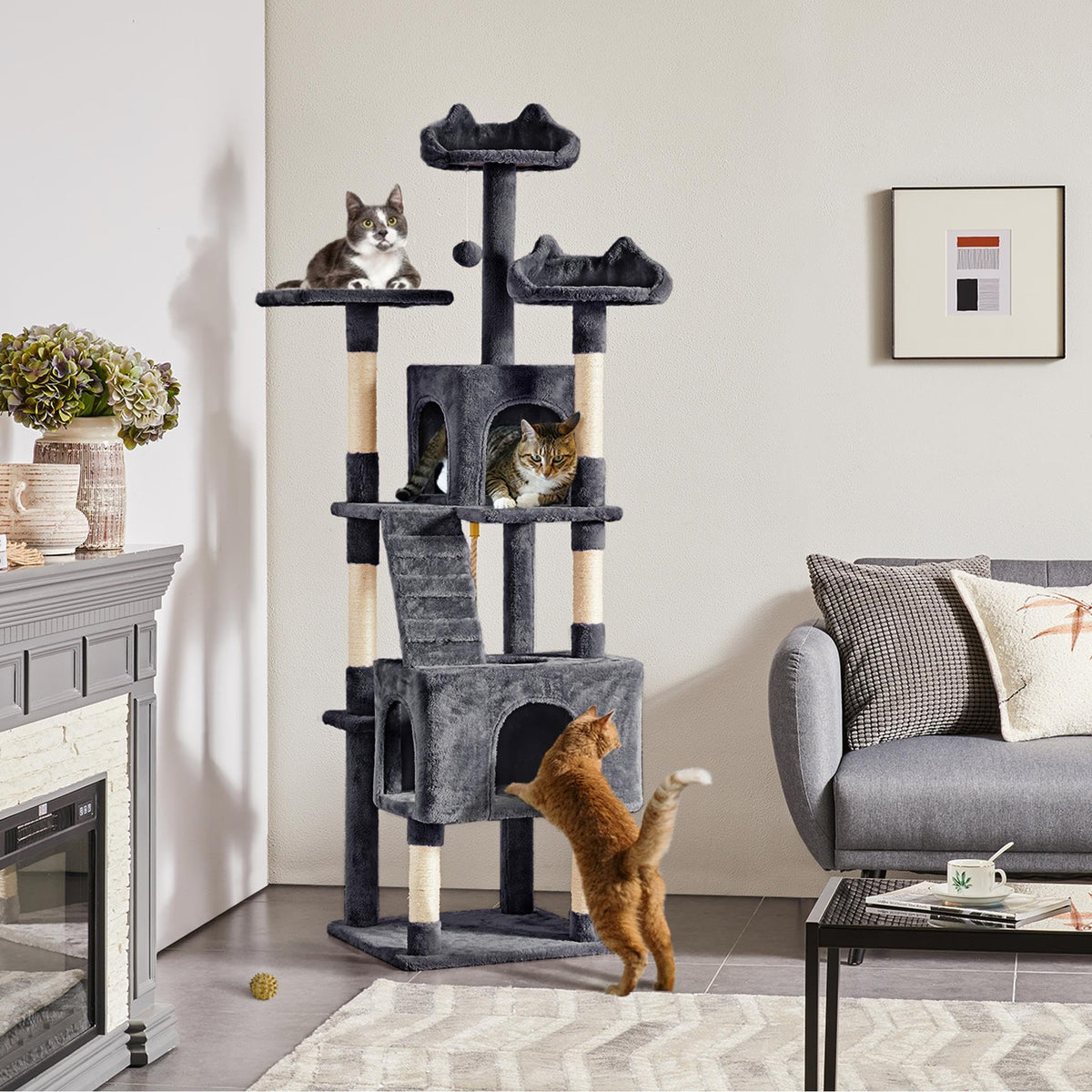 72in Dark Gray Cat Tree Tower with 2 Condos & 3 Perches W7087