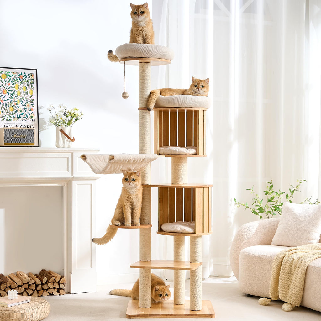 Solid Wood 70 Inches Tall Cat Tree Tower with Scratching Post I469