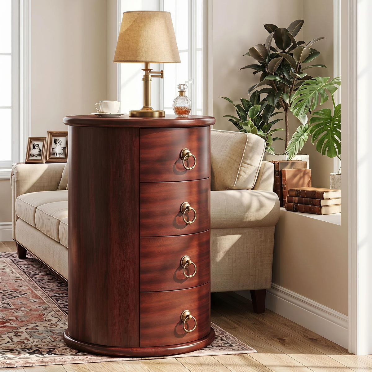 Solid Wood Round End Table with 4 Drawers L621814