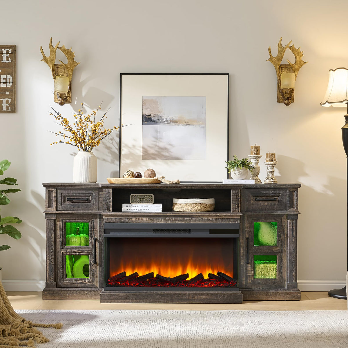 Dark Rustic Oak Fireplace TV Stand with 36 Inch Electric Fireplace A36134