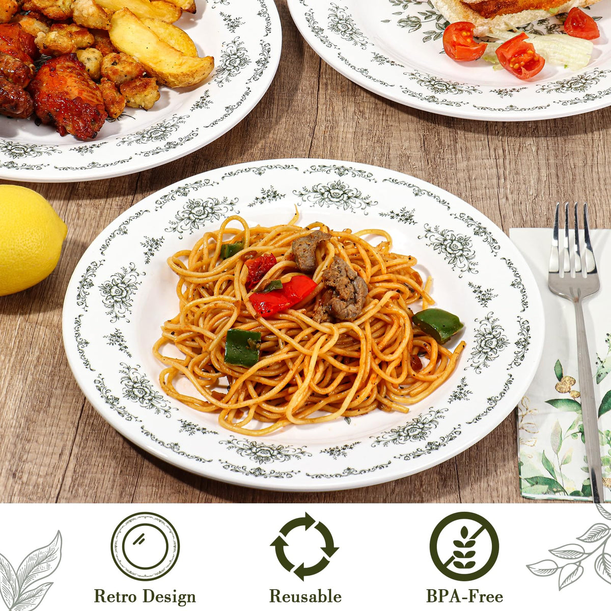 12 Piece 10 inch Green and White Floral Melamine Dinner Plates F3592