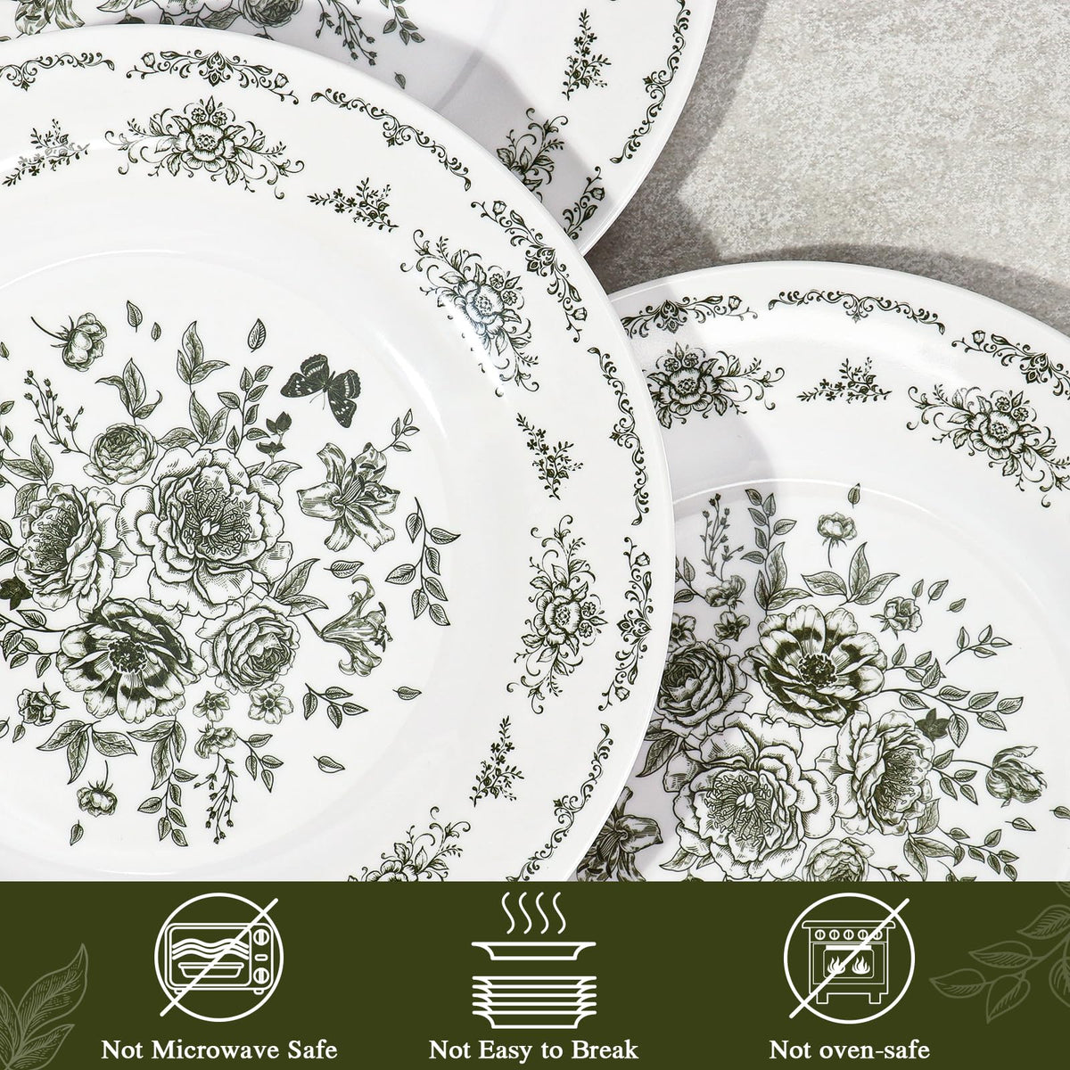 12 Piece 10 inch Green and White Floral Melamine Dinner Plates F3592