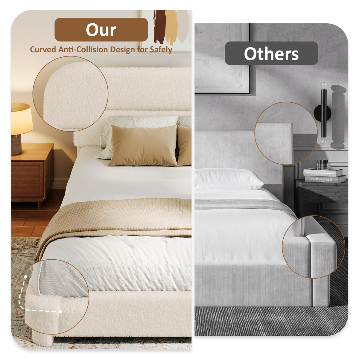 Beige Boucle Upholstered Bed with Headboard S830645
