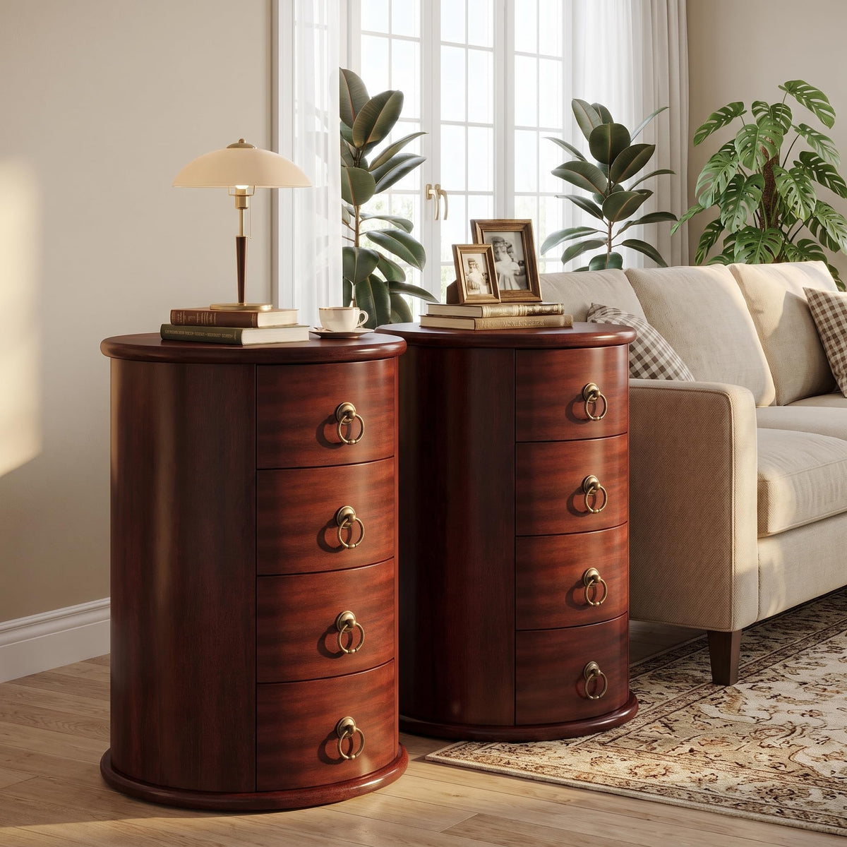 Solid Wood Round End Table with 4 Drawers L621814