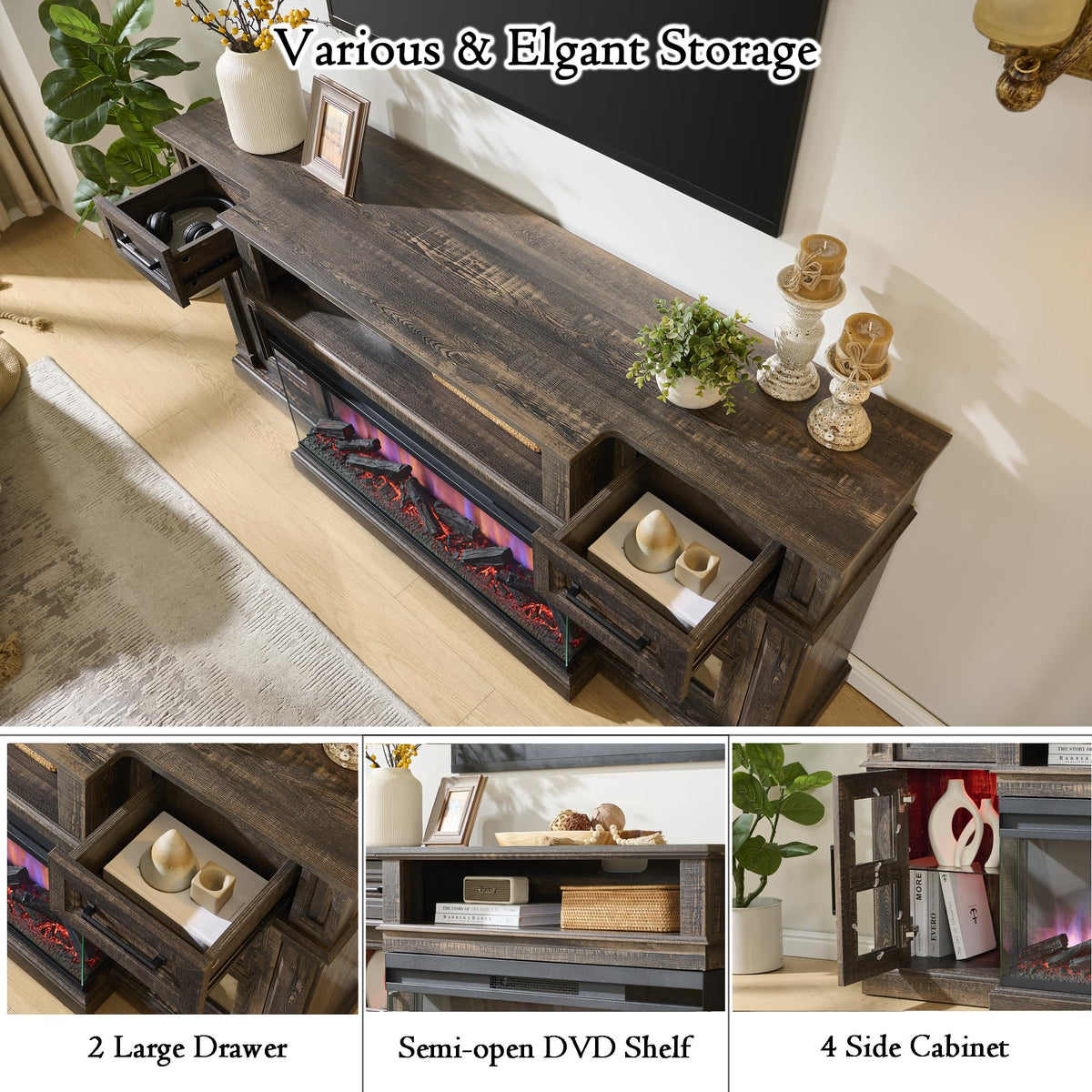 Dark Rustic Oak Fireplace TV Stand with 36 Inch Electric Fireplace A36134
