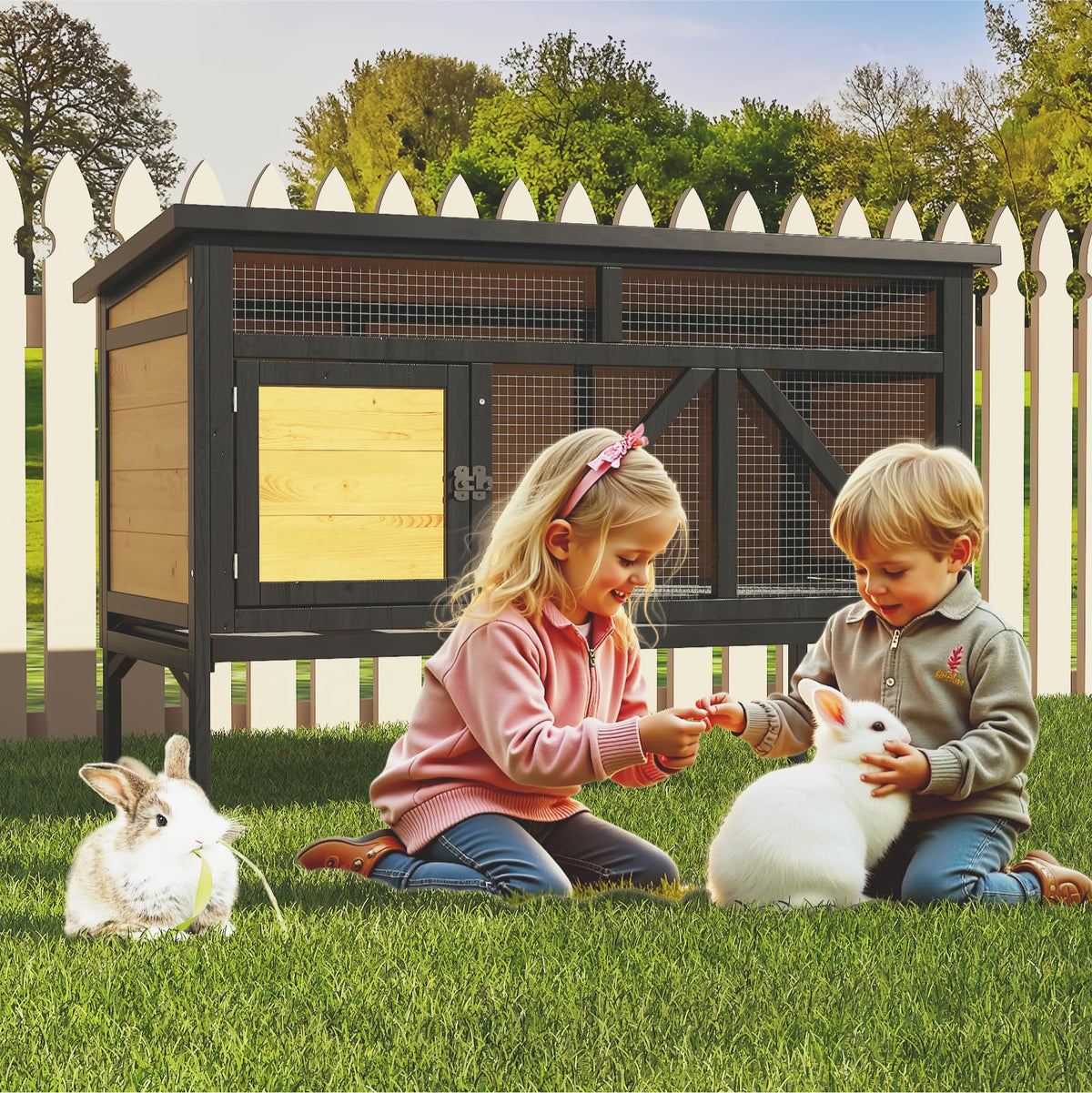 46.7" Wooden Rabbit Hutch with Removable Tray V56544