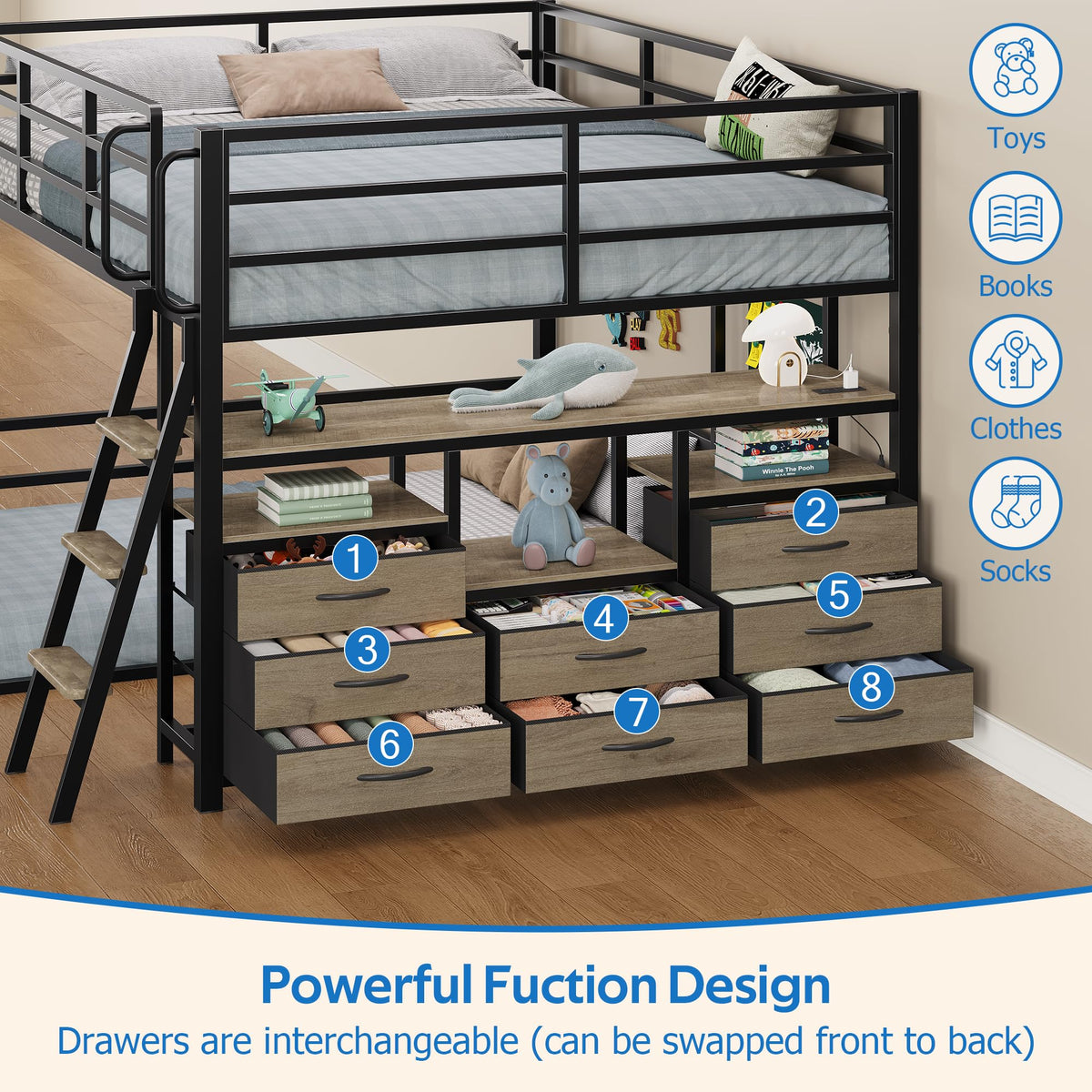 Full Over Twin Bunk Bed with 8 Drawers Grey M6348