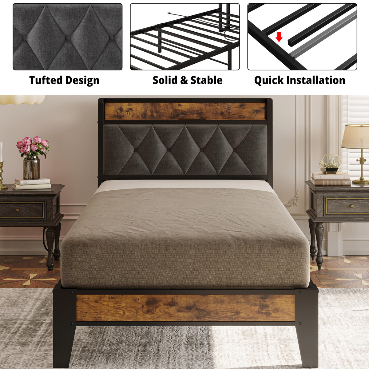 Twin Bed Frame with Storage Headboard W8507