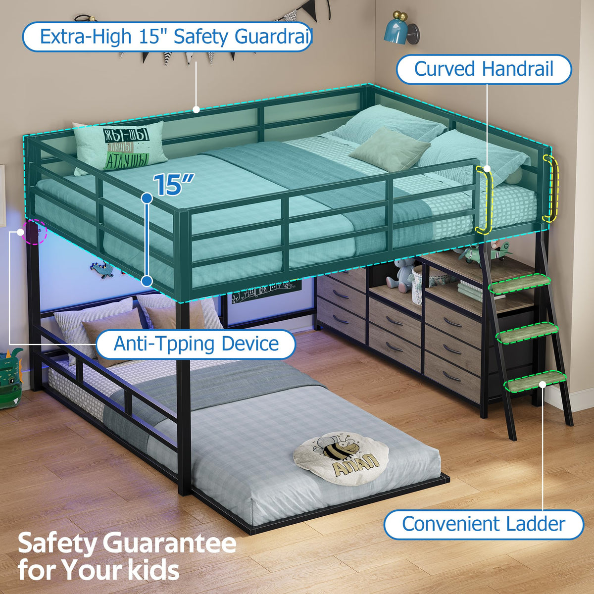 Full Over Twin Bunk Bed with 8 Drawers Grey M6348