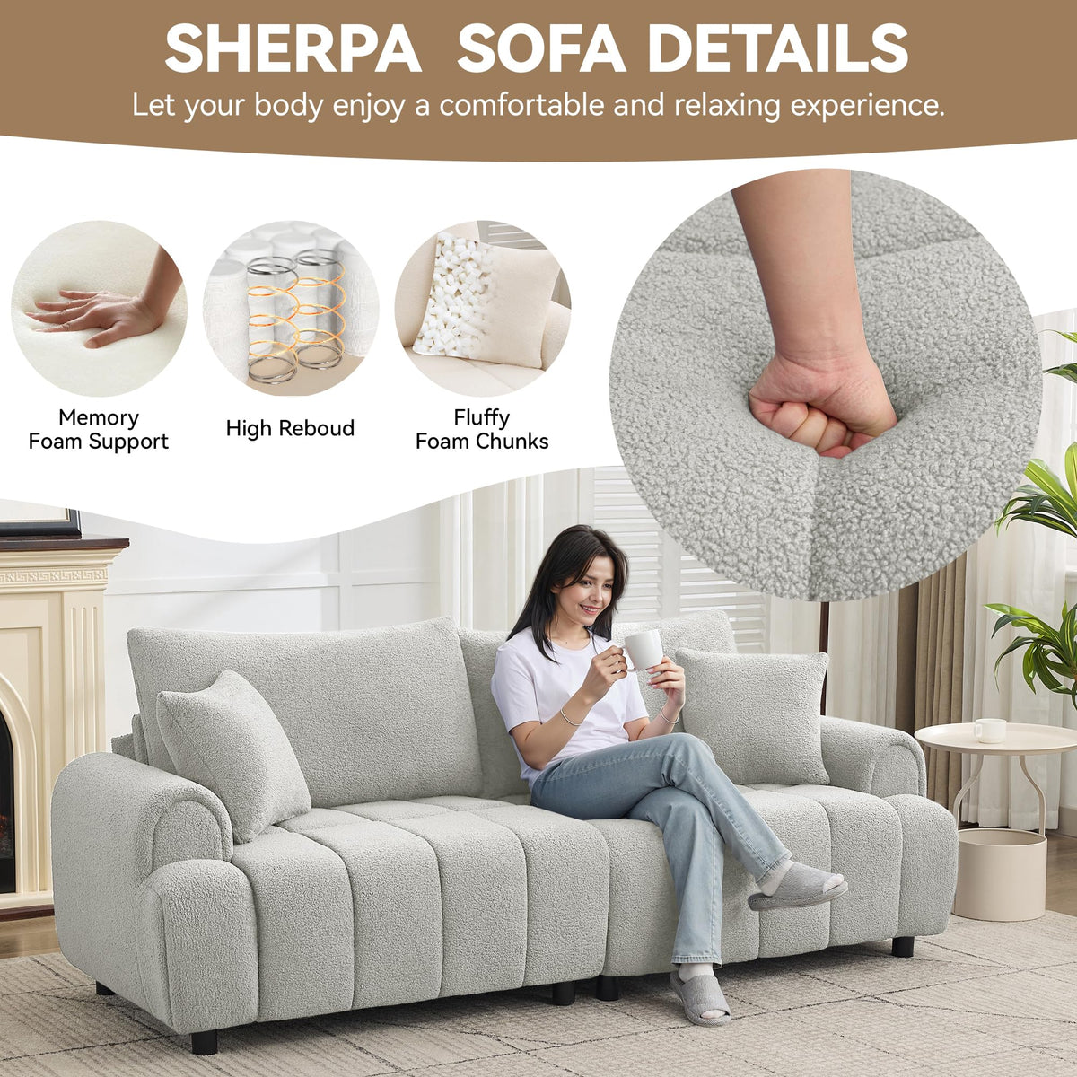 Light Grey Oversized Sherpa Boucle Sofa G448