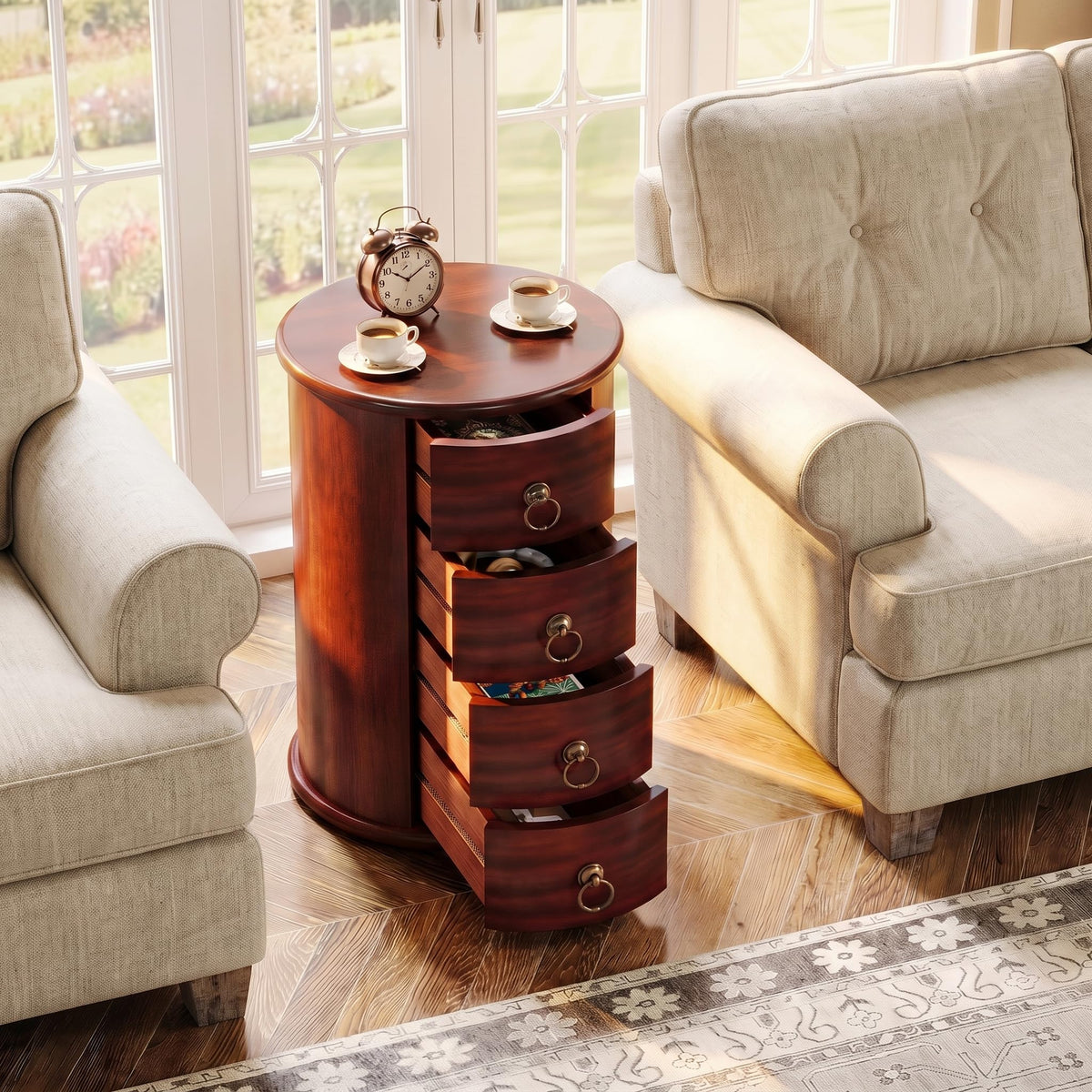 Solid Wood Round End Table with 4 Drawers L621814